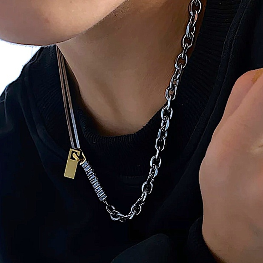 Sterling Silver Chain Link Zircon Zipper Herringbone Punk Choker Necklace - Picture 4 of 11